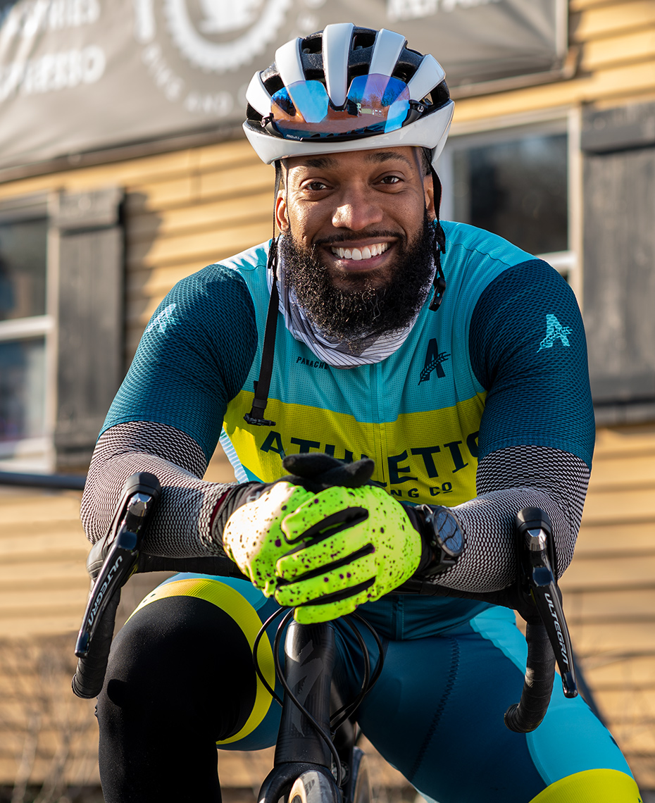 Portrait of cyclist Anthony Cooper-Jenkins at Veloccino Bike and Coffee shop Butler MD