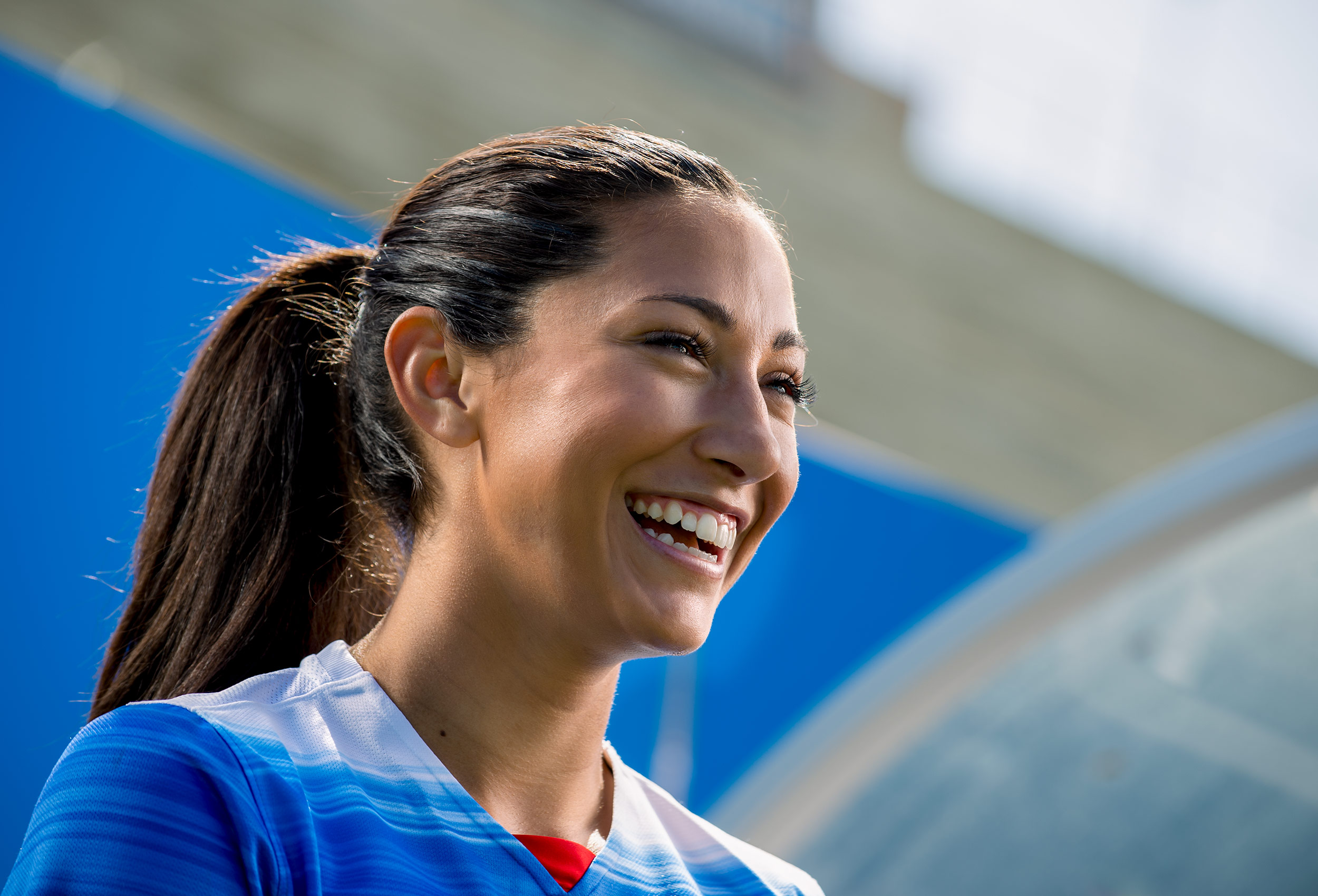 Christen Press trusts Coppertone to protect her skin on the soccer field. 