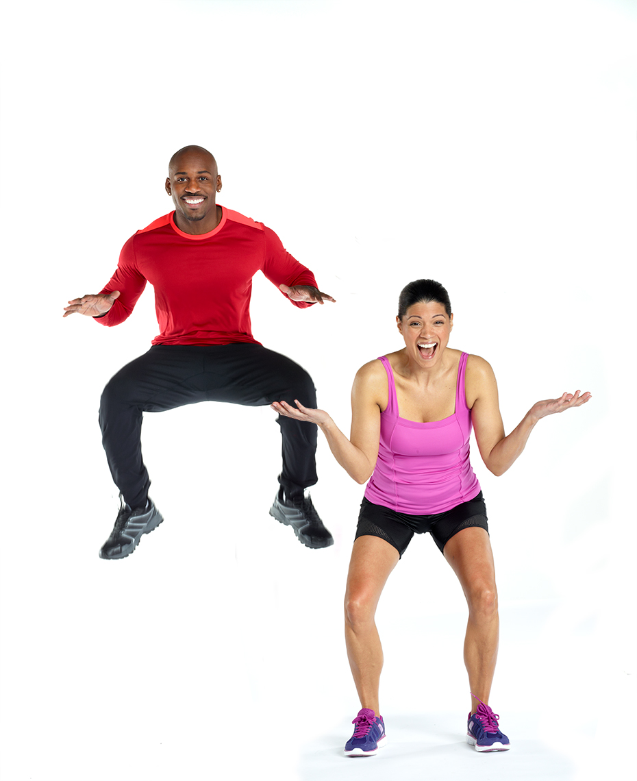 Dolvett Quince and fitness model jump on white background for Dr. Scholl