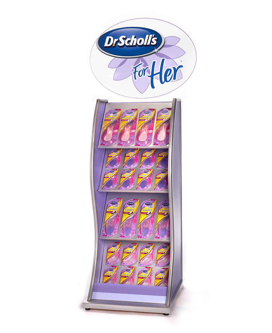 Dr. Scholls For Her kiosk on white background in studio with white background