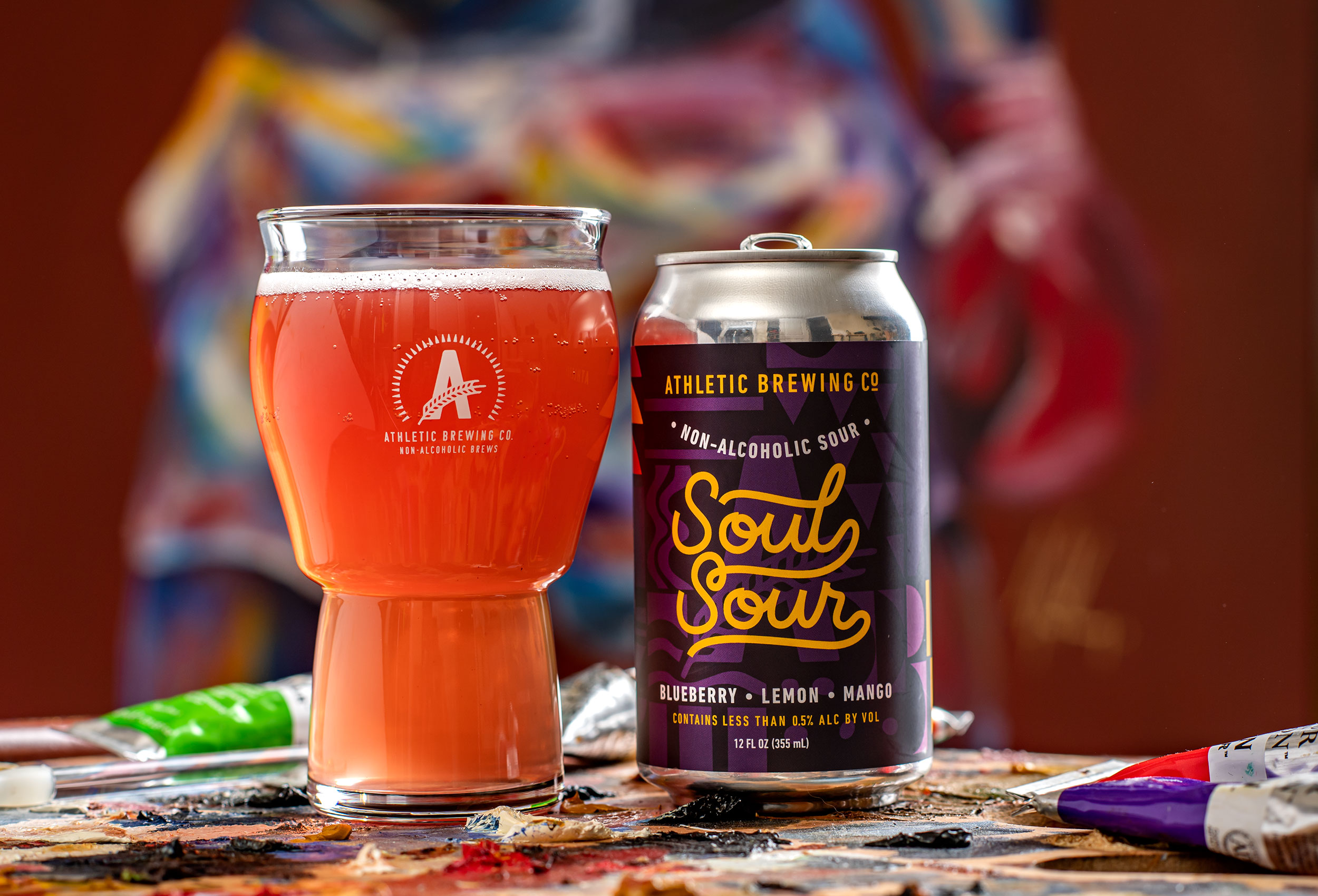 Can and beer glass of Soul Sour non-alcoholic beer  - product advertising photography for Athletic Brewing Co.